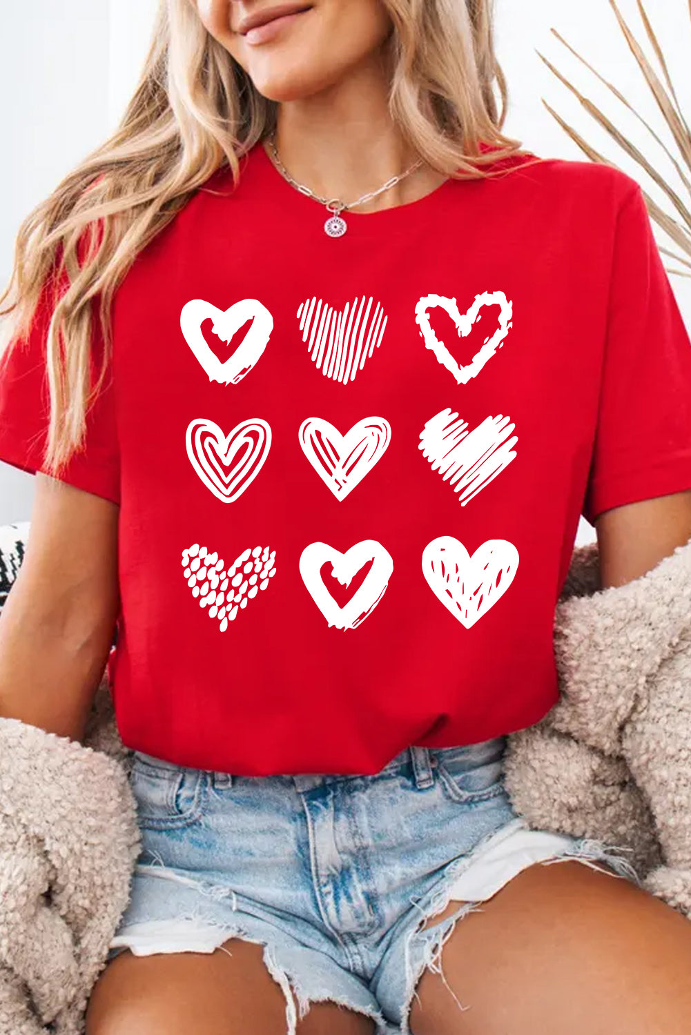 Red Diverse Heart Printed Crewneck Valentines Tee-Graphic Tees-[Adult]-[Female]-2022 Online Blue Zone Planet