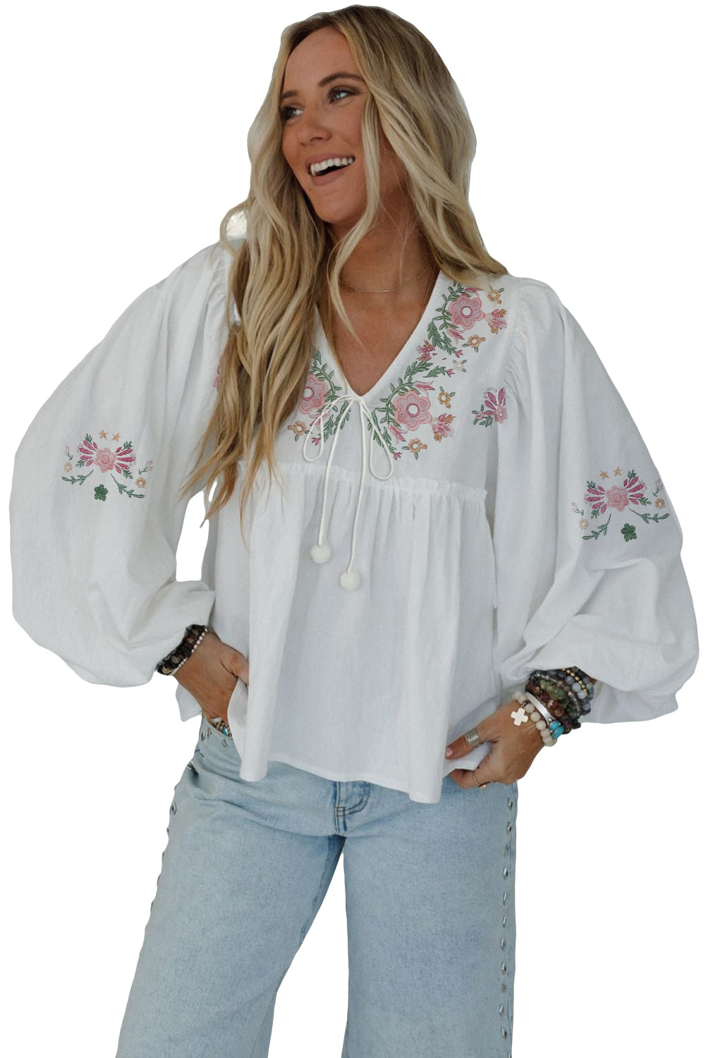 White Flower Lace-Up V Neck Babydoll Blouse-Tops/Blouses & Shirts-[Adult]-[Female]-2022 Online Blue Zone Planet