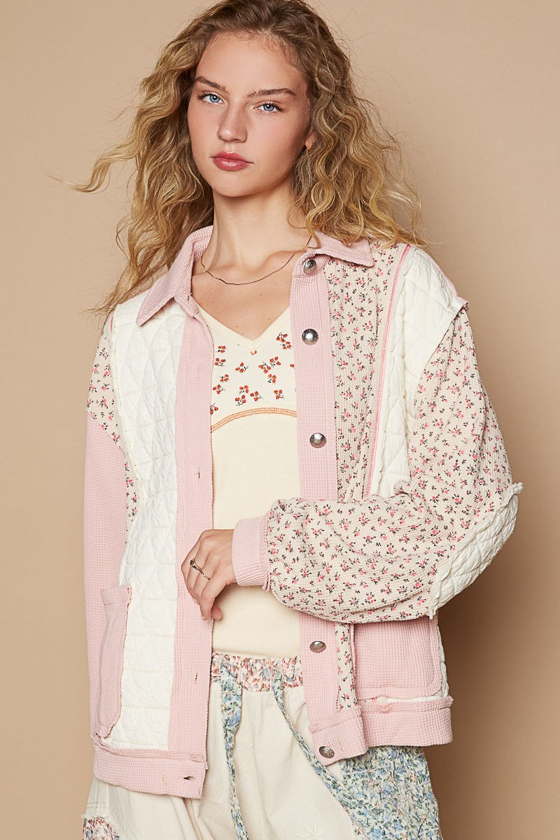 POL Floral Exposed Seam Button Up Quilted Jacket-TOPS / DRESSES-[Adult]-[Female]-Pink Multi-S-2022 Online Blue Zone Planet