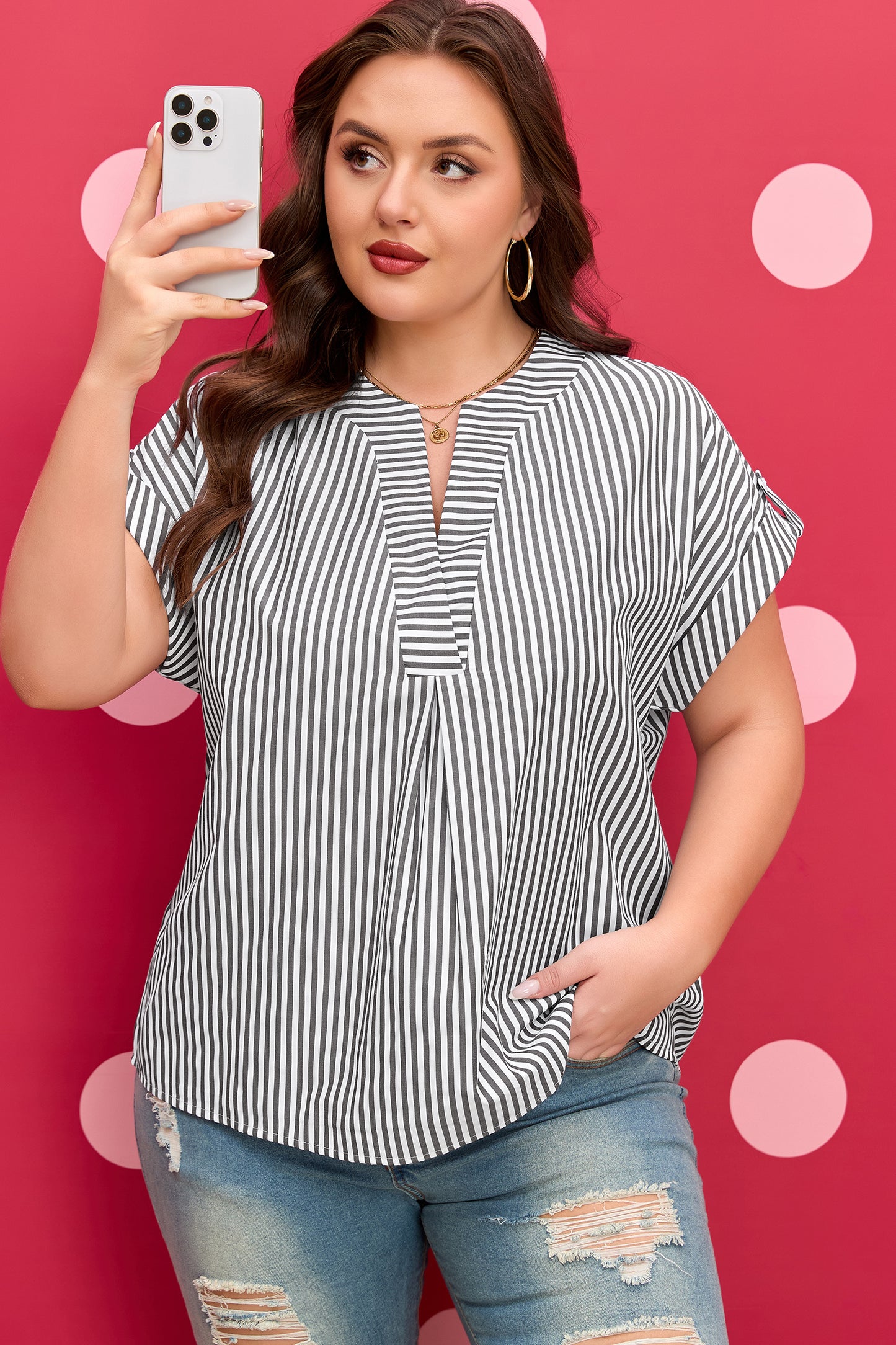 Black Stripe Plus Size V Neck Roll-Tab Short Dolman Sleeve Blouse-Plus Size/Plus Size Tops/Plus Size Blouses & Shirts-[Adult]-[Female]-2022 Online Blue Zone Planet