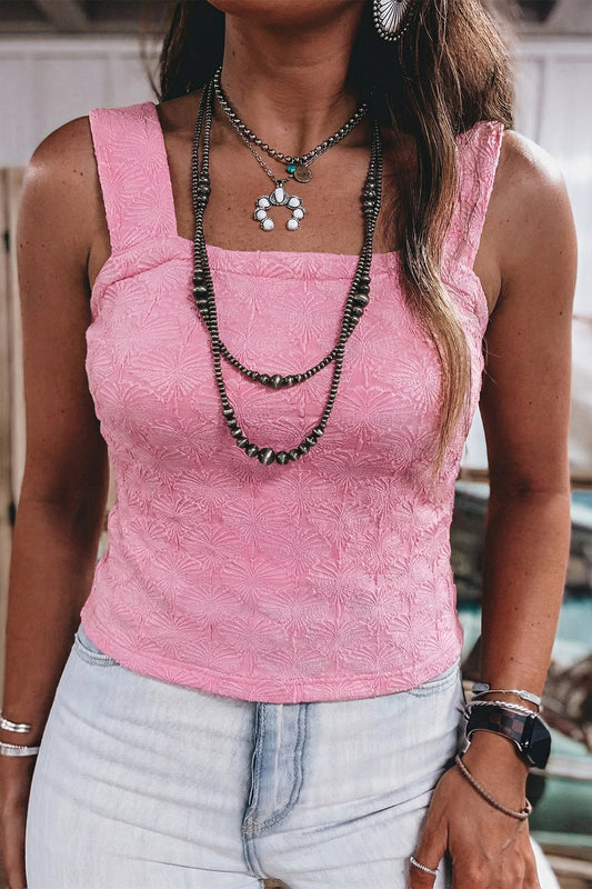 Pink Western Jacquard Square Neck Slim Tank Top-Tops/Tank Tops-[Adult]-[Female]-Pink-S-2022 Online Blue Zone Planet