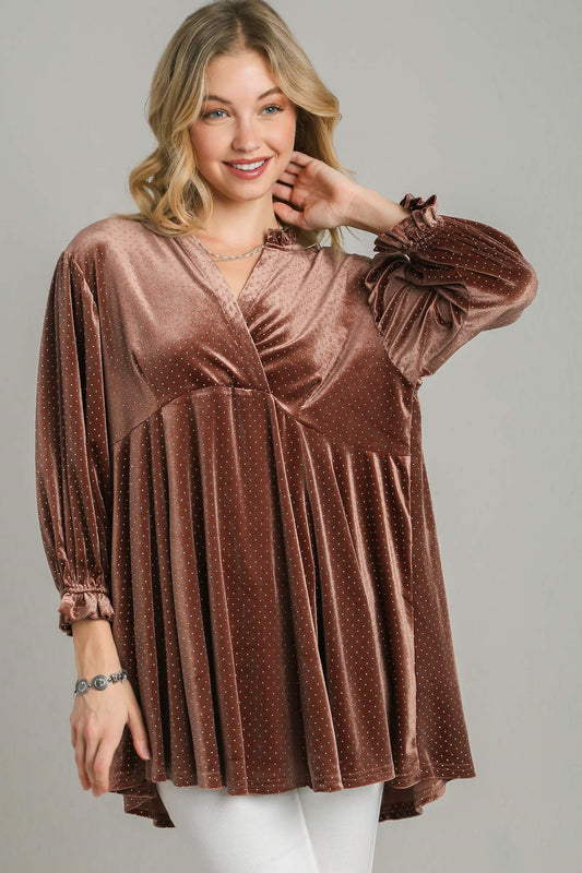 Blue Zone Planet | Umgee Full Size Beaded Frill Flounce Sleeve Velvet Babydoll Blouse-TOPS / DRESSES-[Adult]-[Female]-Brown-S-2022 Online Blue Zone Planet