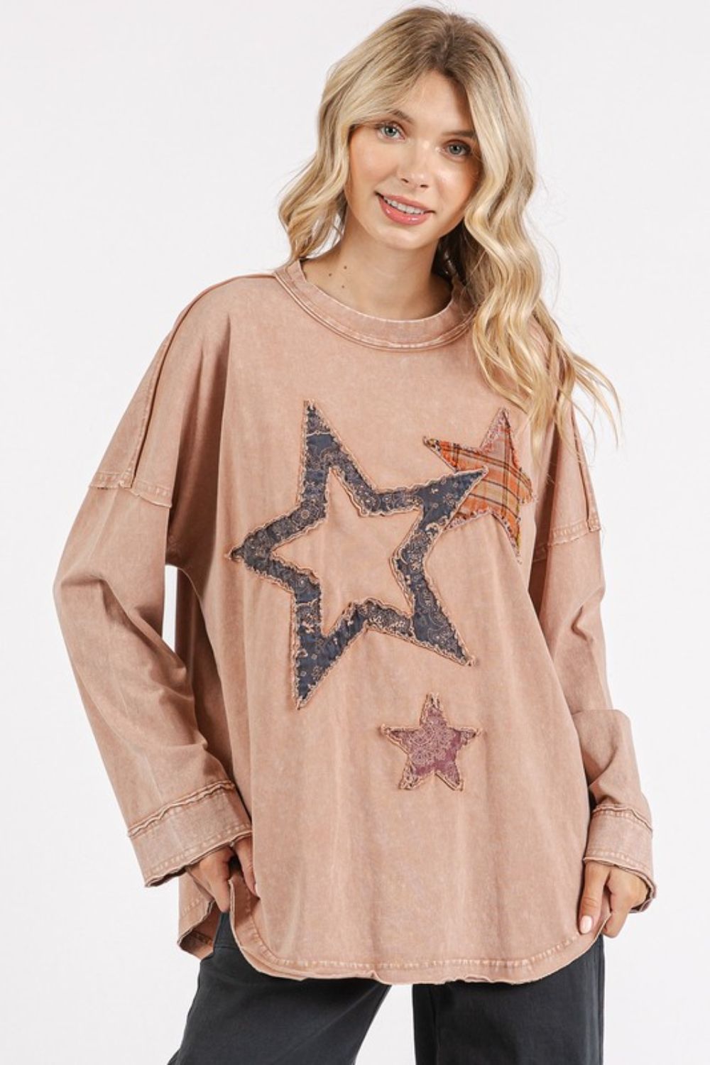 Mittoshop Mineral Wash Star Patch Long Sleeve T-Shirt-TOPS / DRESSES-[Adult]-[Female]-2022 Online Blue Zone Planet