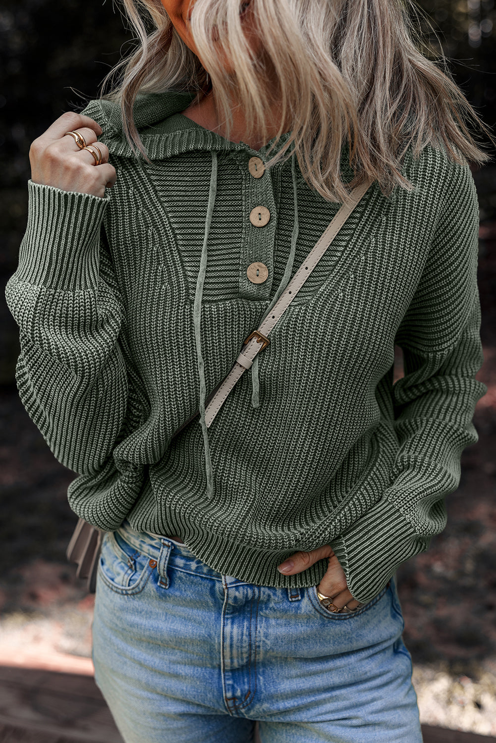 Mist Green Mineral Wash Ribbed Knit Button Drawstring Neck Hooded Sweater-Sweaters & Cardigans/Sweaters-[Adult]-[Female]-2022 Online Blue Zone Planet