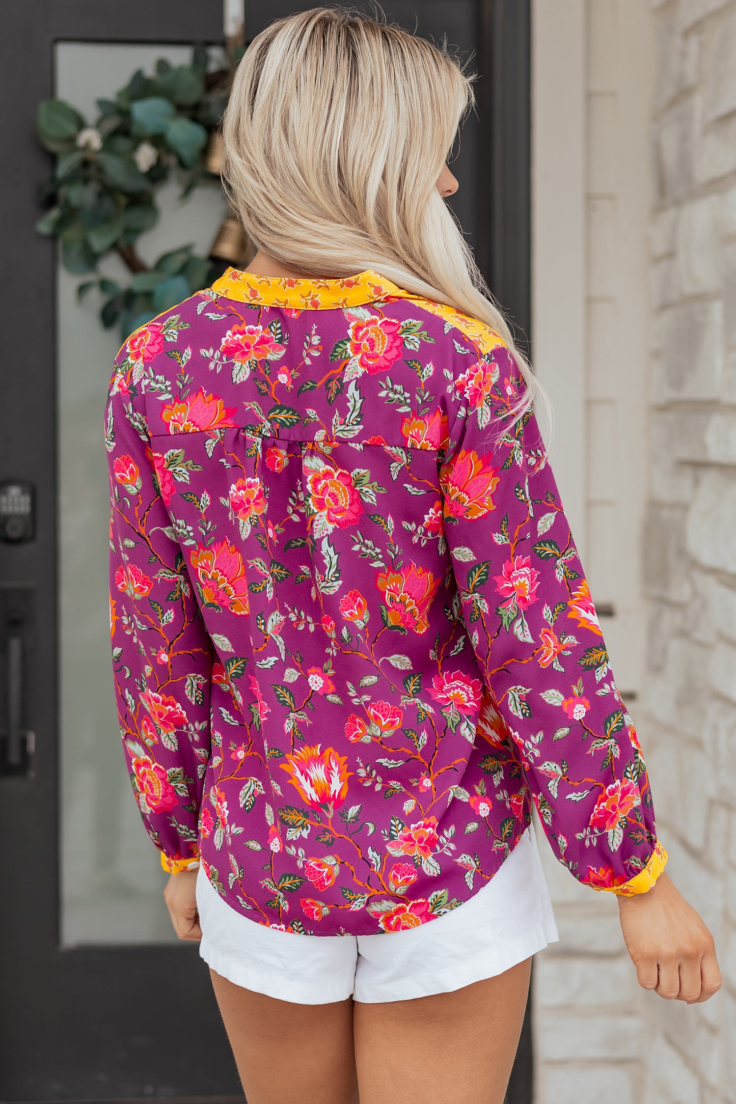 Rose Contrast Placket Split V Neck Floral Blouse-Tops/Blouses & Shirts-[Adult]-[Female]-2022 Online Blue Zone Planet