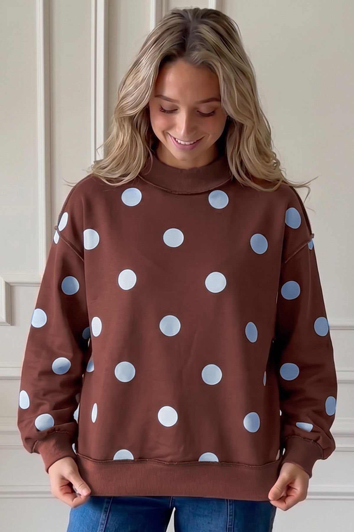Clay Polka Dot/GOOD DAY Print Reversible Mock Neck Pullover Sweatshirt-Tops/Sweatshirts & Hoodies-[Adult]-[Female]-2022 Online Blue Zone Planet