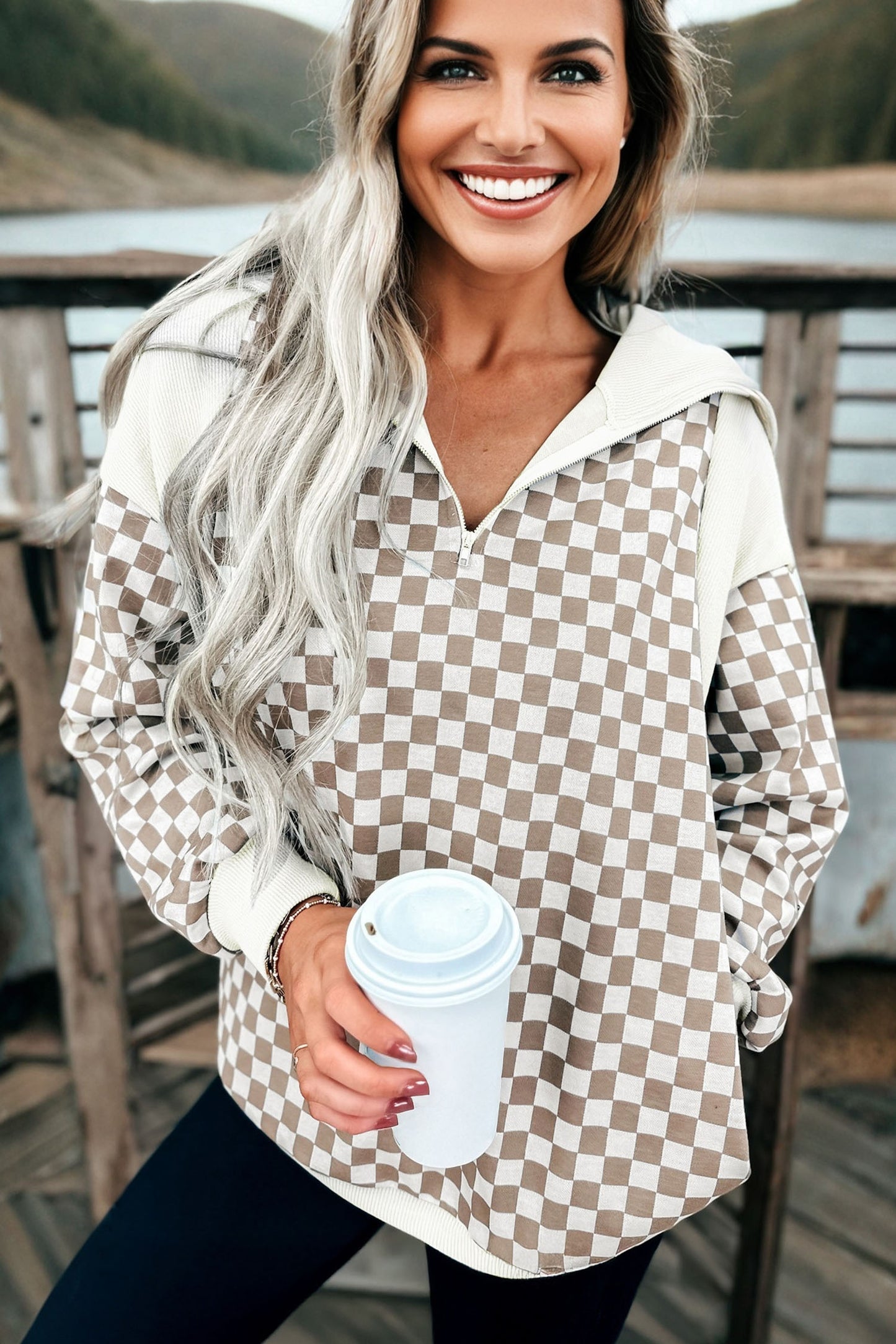 Khaki Checkered Print Quarter Zip Ribbed Patchwork Loose Sweatshirt-Tops/Sweatshirts & Hoodies-[Adult]-[Female]-2022 Online Blue Zone Planet