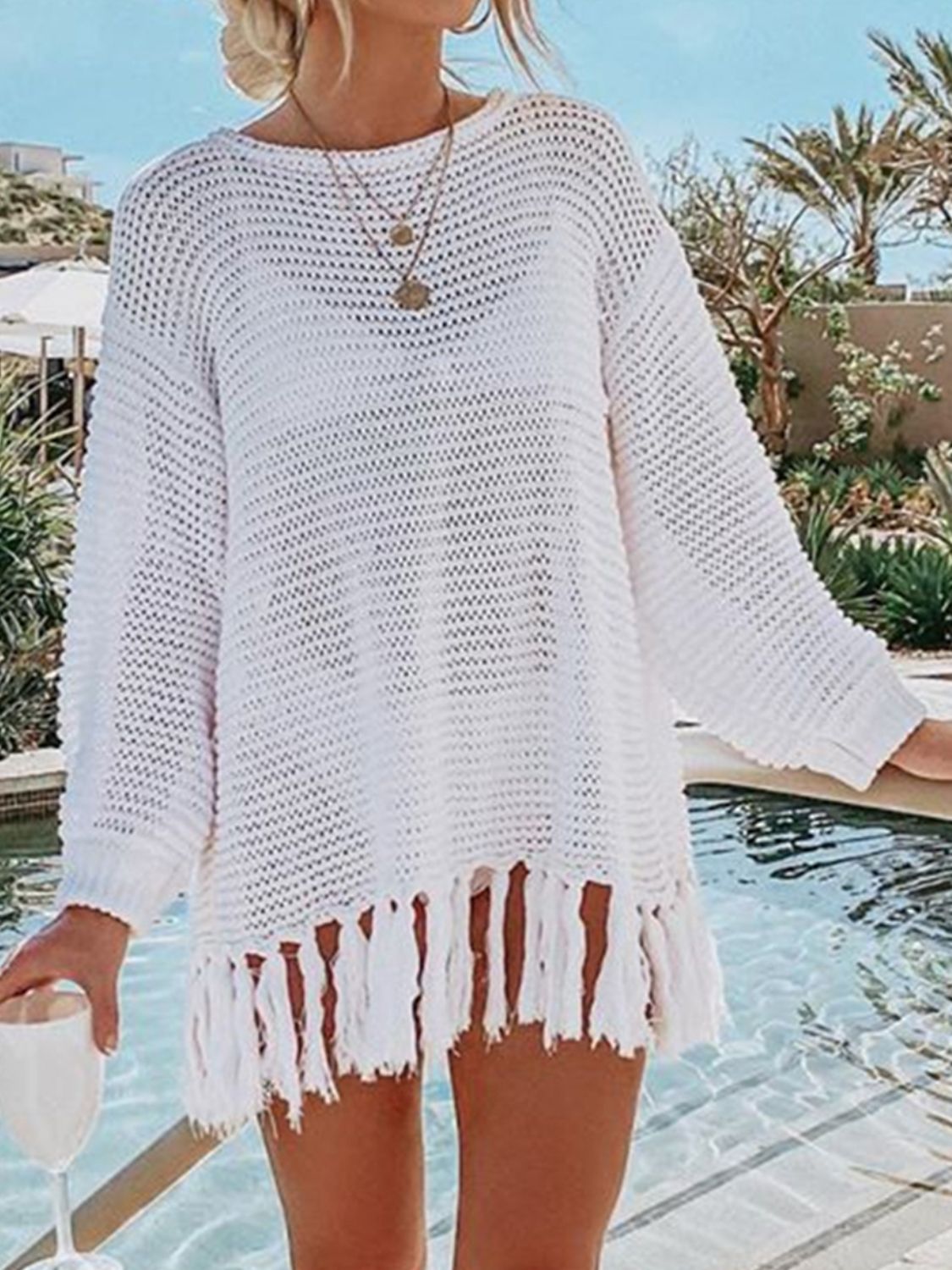 Blue Zone Planet | Angel Wings Openwork Tassel Hem Long Sleeve Knit Cover Up-TOPS / DRESSES-[Adult]-[Female]-White-S-2022 Online Blue Zone Planet