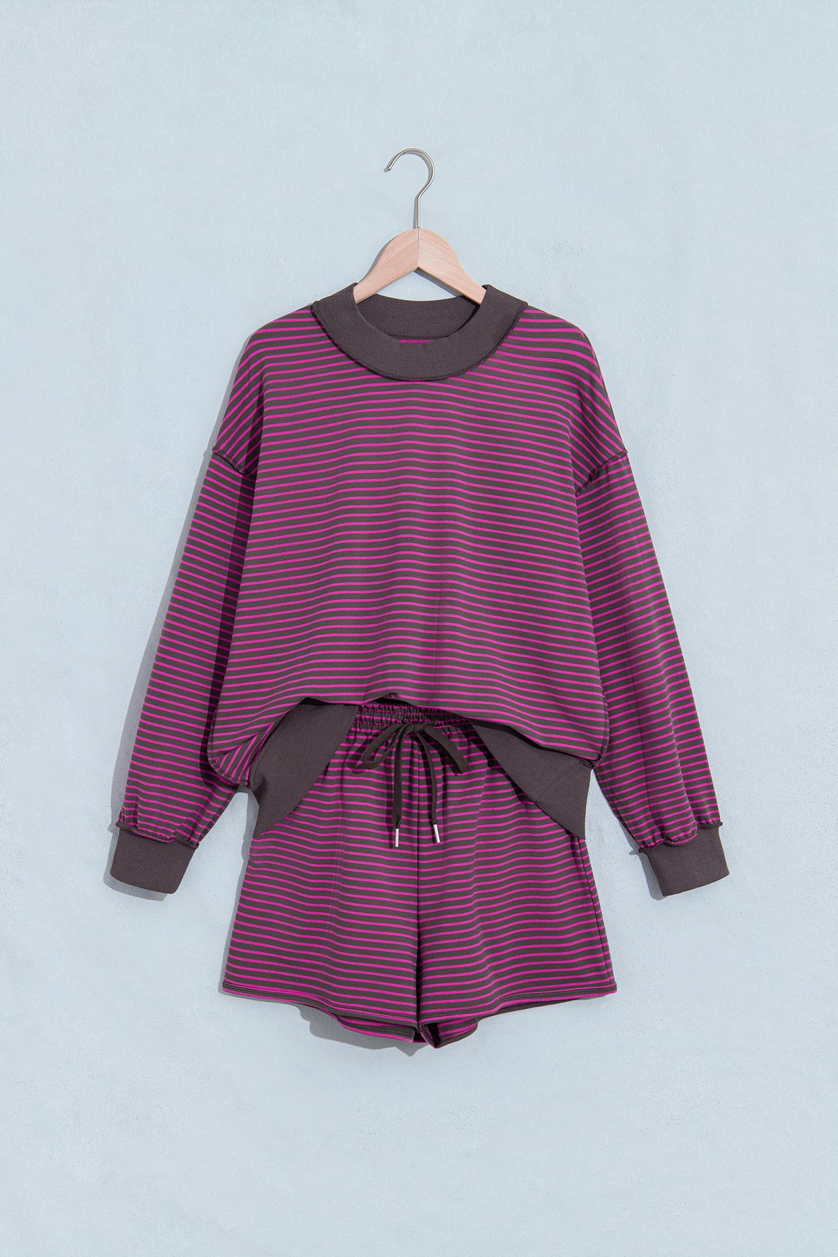 Blue Stripe Ribbed Patchwork Mock Neck Baggy Pullover Matching Shorts Set-Two Piece Sets/Short Sets-[Adult]-[Female]-2022 Online Blue Zone Planet
