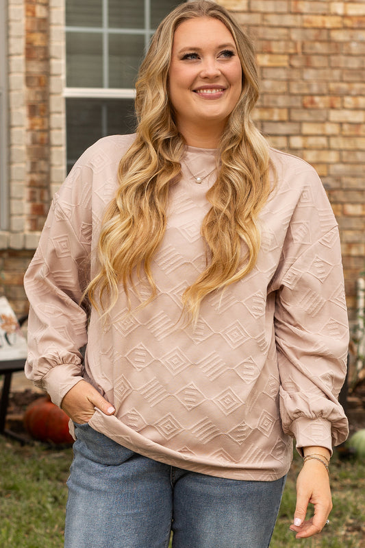 Parchment Plus Size Textured Drop Shoulder Crew Neck Sweatshirt-Plus Size/Plus Size Sweatshirts & Hoodies-[Adult]-[Female]-Parchment-1X-2022 Online Blue Zone Planet