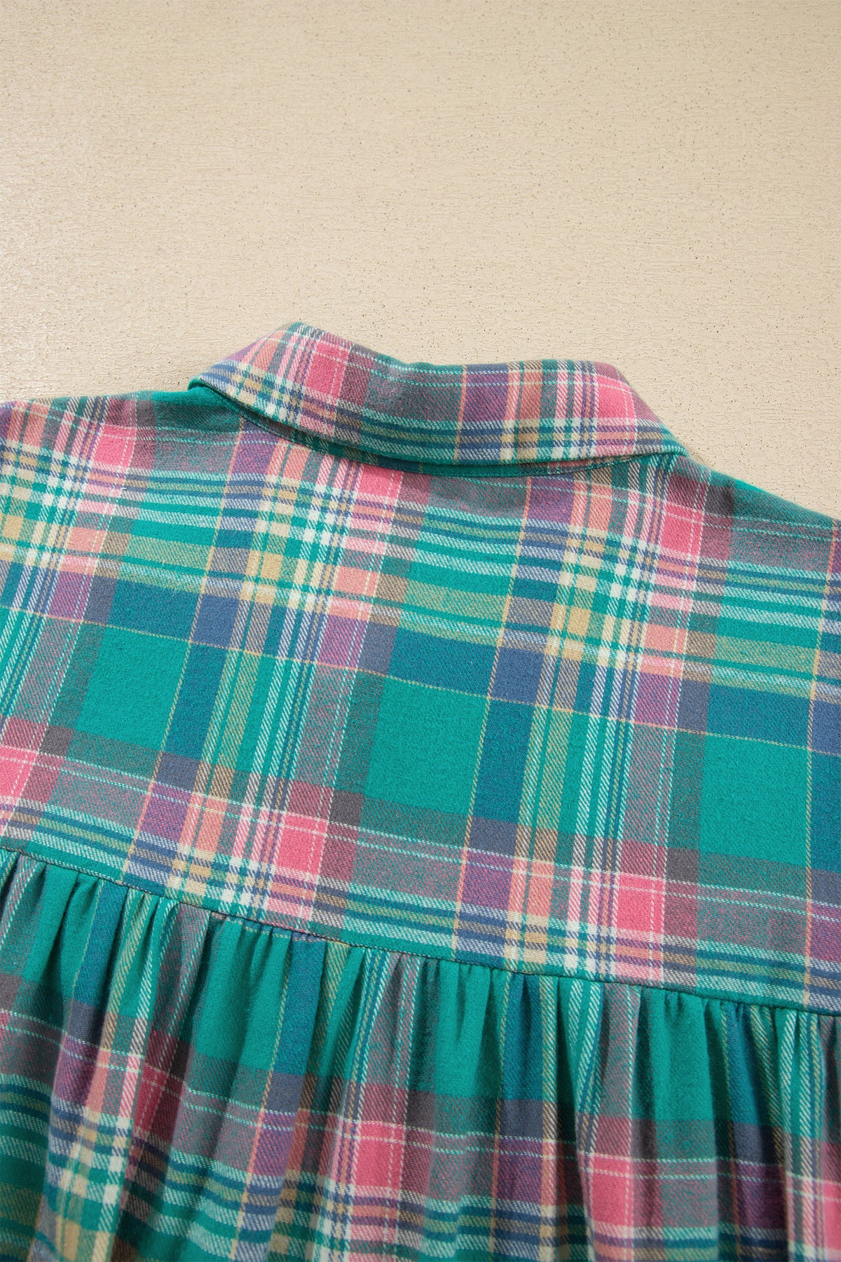 Green Plaid Button-Up Shift Long Sleeve V Neck Plus Size Dress-TOPS / DRESSES-[Adult]-[Female]-2022 Online Blue Zone Planet