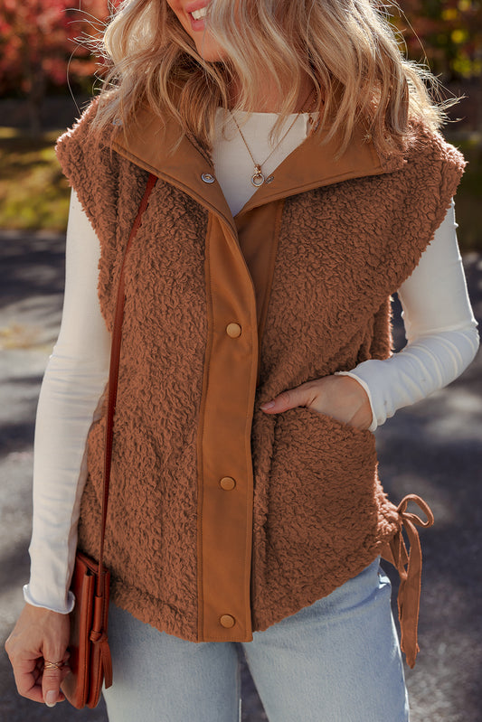 Cinnamon Faux Fur Snap Button Front Knot Side Plush Vest With Pockets-Outerwear/Vests-[Adult]-[Female]-2022 Online Blue Zone Planet