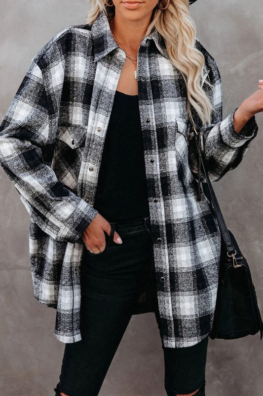 Full Size Plaid Collared Neck Long Sleeve Shirt-TOPS / DRESSES-[Adult]-[Female]-Black-S-2022 Online Blue Zone Planet