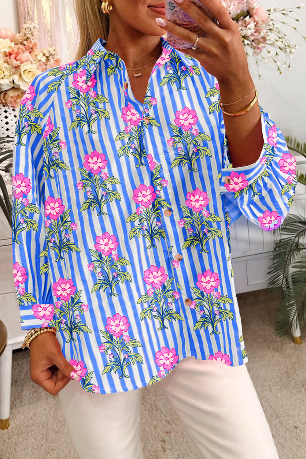 Blue Striped Floral Print Buttoned Cuffs Loose Fit Shirt-Tops/Blouses & Shirts-[Adult]-[Female]-Blue-S-2022 Online Blue Zone Planet