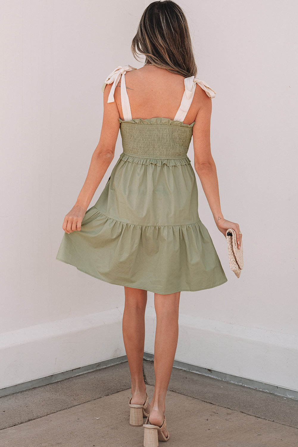 Laurel Green Smocked Bodice Self-tie Straps A-line Ruffled Mini Dress-TOPS / DRESSES-[Adult]-[Female]-2022 Online Blue Zone Planet