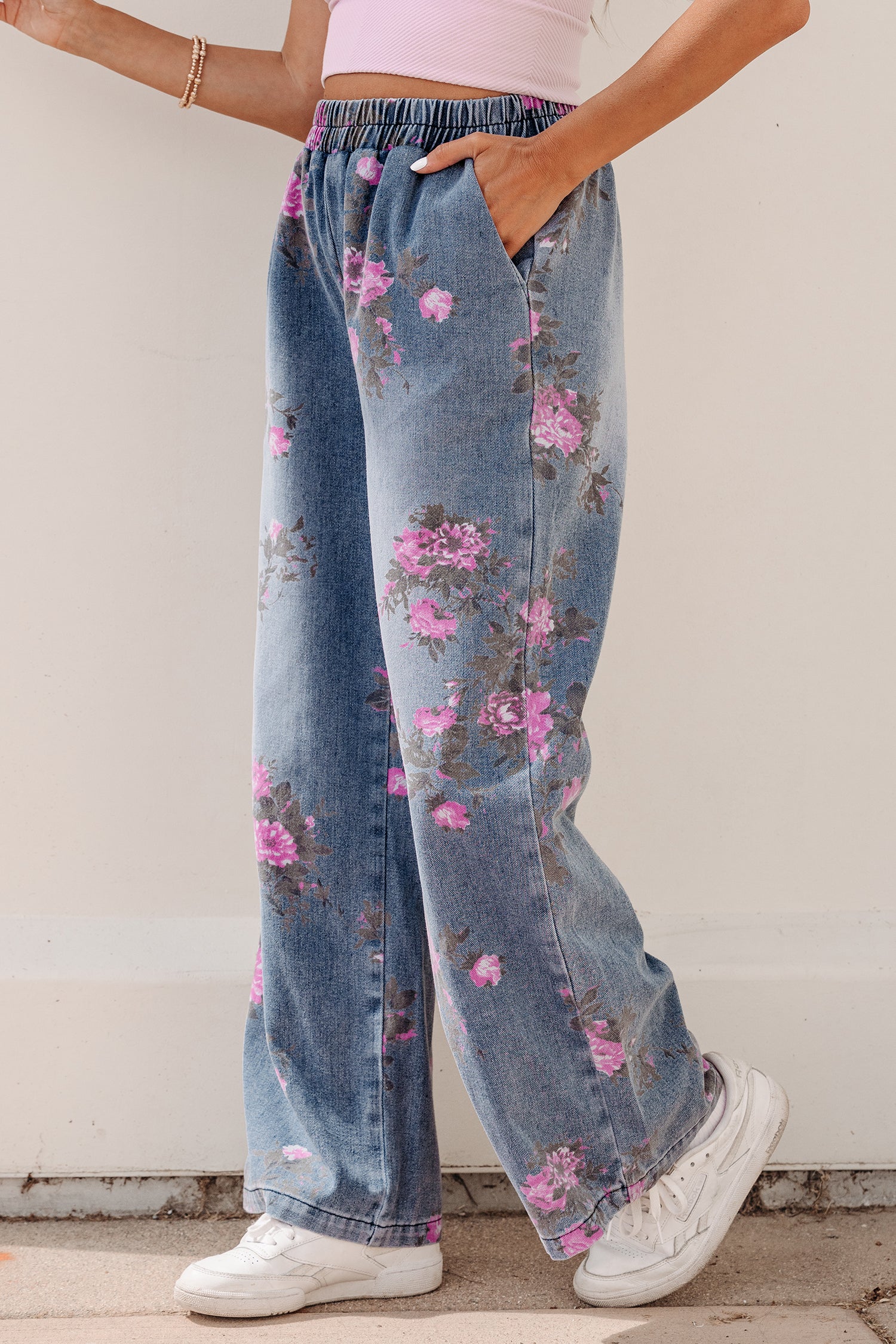 Beau Blue Floral Print Elastic Waist Pull On Casual Jeans-Bottoms/Jeans-[Adult]-[Female]-2022 Online Blue Zone Planet