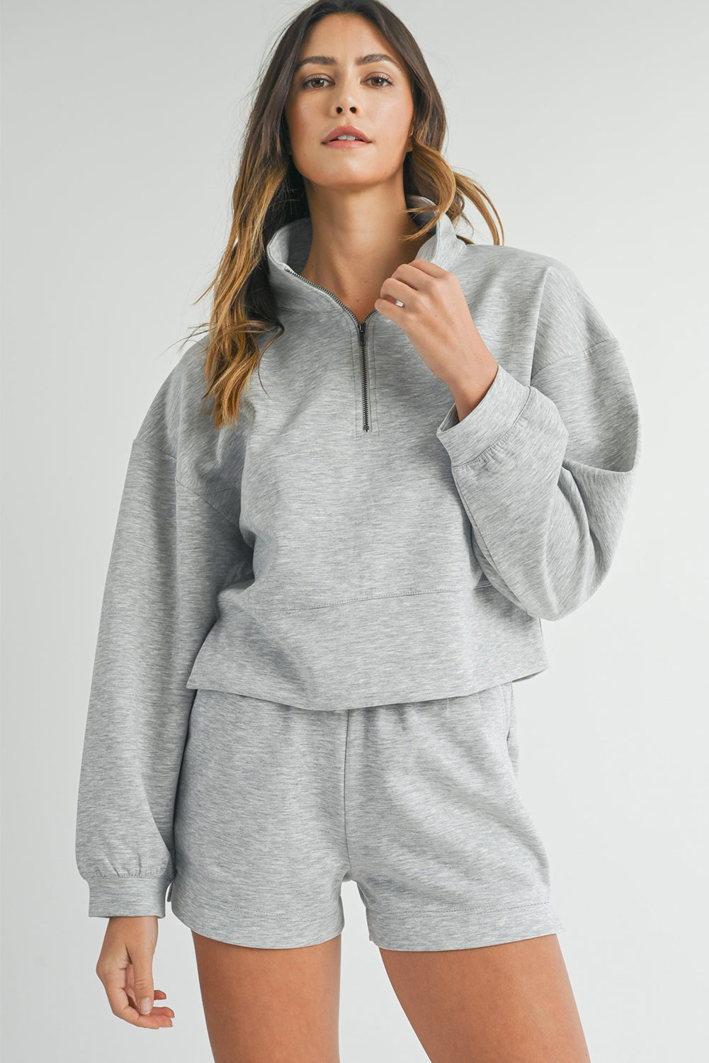 Light Grey Stand Neck Zipped Sweatshirt and Shorts Set-Two Piece Sets/Short Sets-[Adult]-[Female]-2022 Online Blue Zone Planet