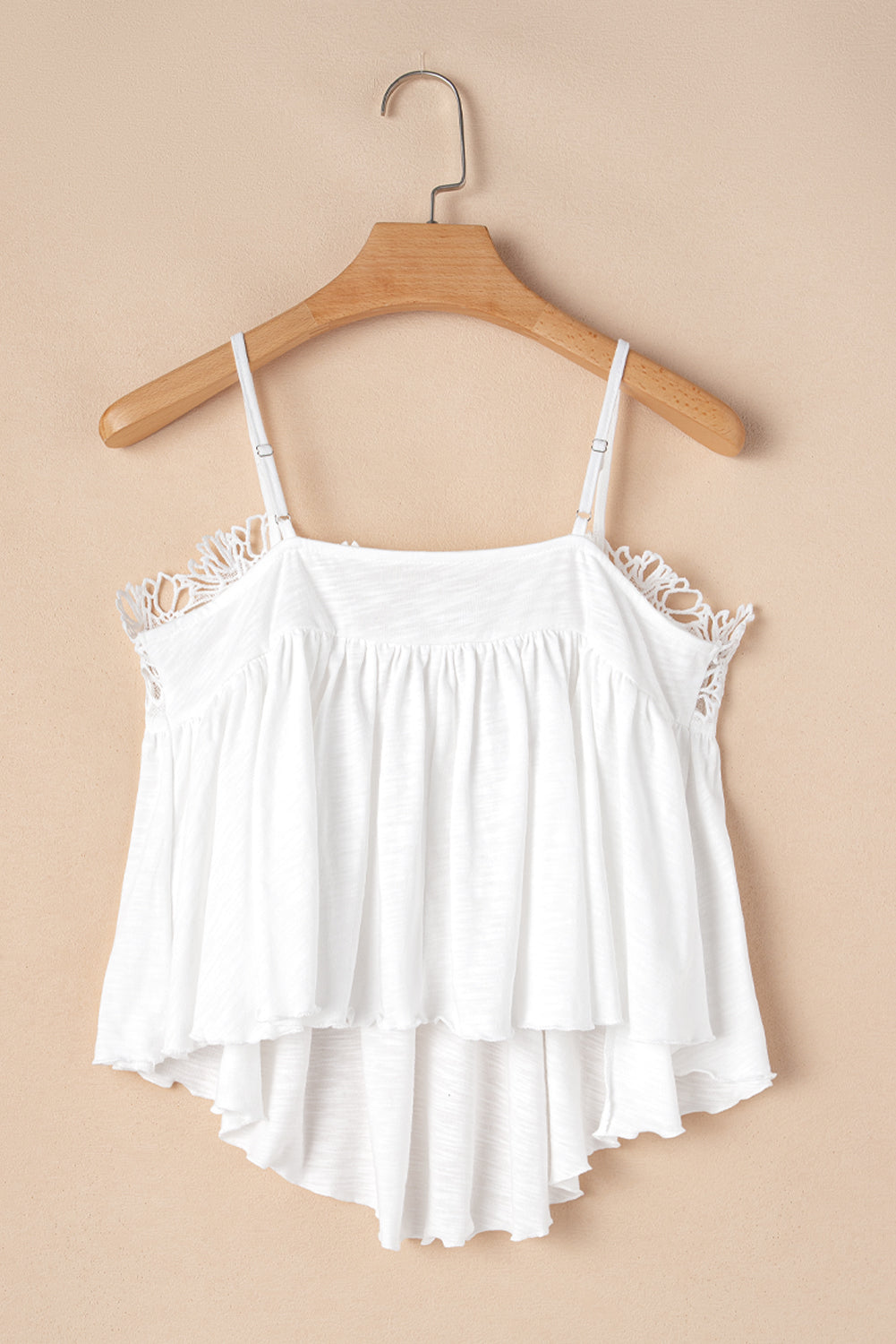 White Lace Splicing Spaghetti Straps Ruffle Flared Tank Top-Tops/Tank Tops-[Adult]-[Female]-2022 Online Blue Zone Planet