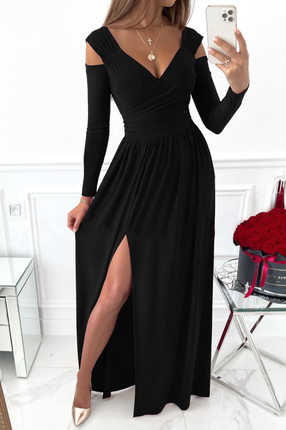 Slit Surplice Long Sleeve Maxi Dress-TOPS / DRESSES-[Adult]-[Female]-Black-S-2022 Online Blue Zone Planet