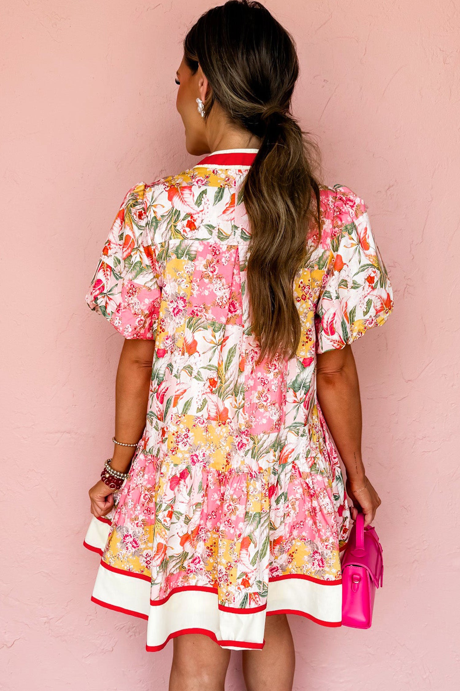 Pink Color Block Floral Print Contrast Trim V Neck Ruffle Hem Mini Dress-TOPS / DRESSES-[Adult]-[Female]-2022 Online Blue Zone Planet