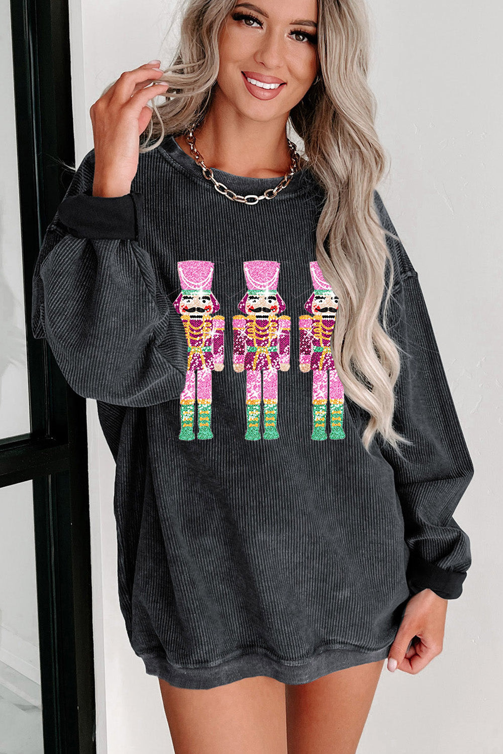 Black Christmas Sequined Nutcrackers Mineral Wash Corded Sweatshirt-Graphic/Graphic Sweatshirts-[Adult]-[Female]-2022 Online Blue Zone Planet