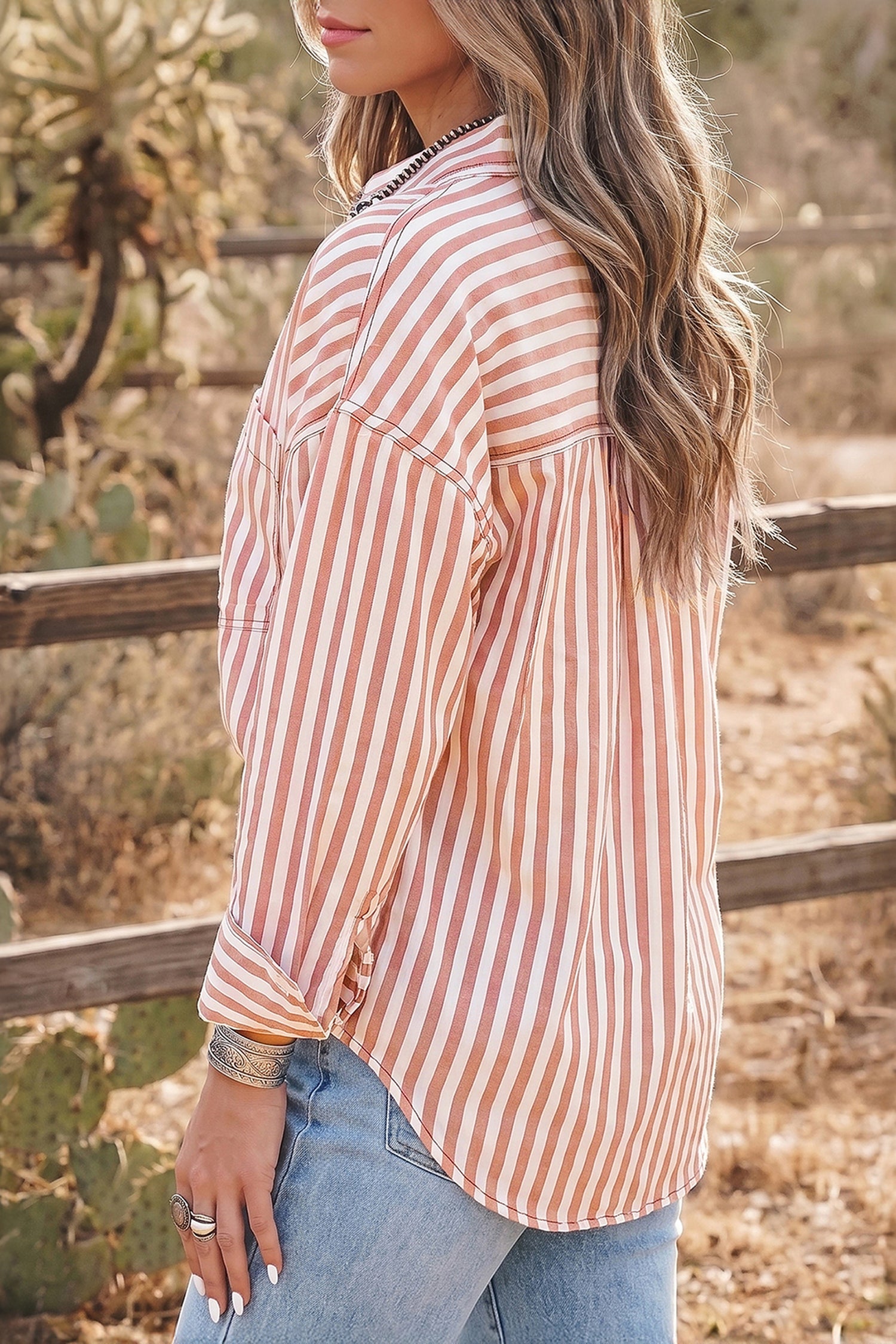 Brown Stripe Western Button Down Long Sleeve Casual Shirt-Tops/Blouses & Shirts-[Adult]-[Female]-2022 Online Blue Zone Planet
