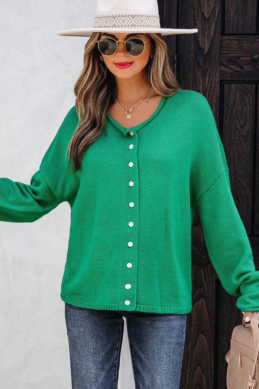Bright Green Solid Color Knit Button Drop Shoulder Sweater Cardigan-TOPS / DRESSES-[Adult]-[Female]-2022 Online Blue Zone Planet