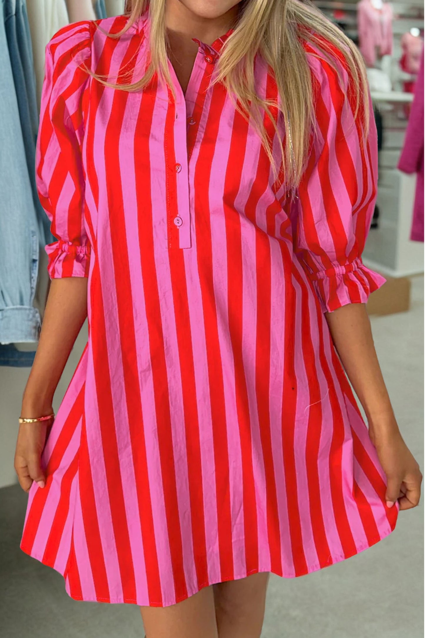 Red Stripe Half Button Puff Sleeve Loose Mini Dress-TOPS / DRESSES-[Adult]-[Female]-Red Stripe-S-2022 Online Blue Zone Planet