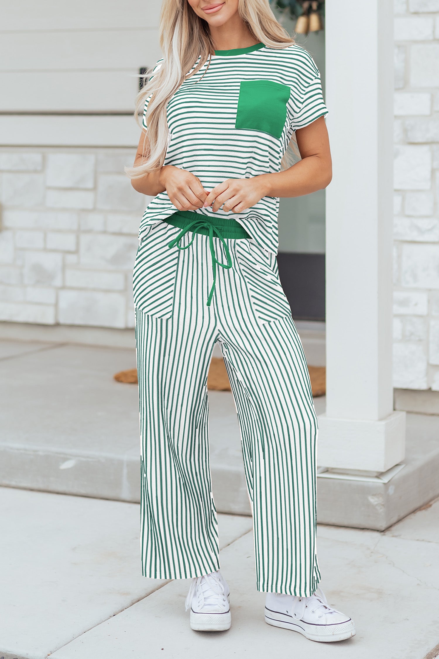 Sky Blue Stripe Crew Neck Tee Drawstring Waist Cropped Pants Set-Two Piece Sets/Pant Sets-[Adult]-[Female]-2022 Online Blue Zone Planet