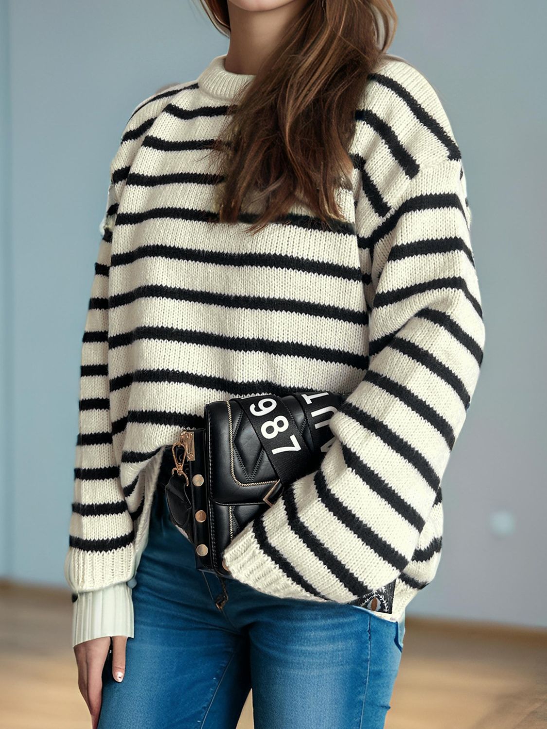 Blue Zone Planet | Striped Round Neck Long Sleeve Sweater-TOPS / DRESSES-[Adult]-[Female]-2022 Online Blue Zone Planet