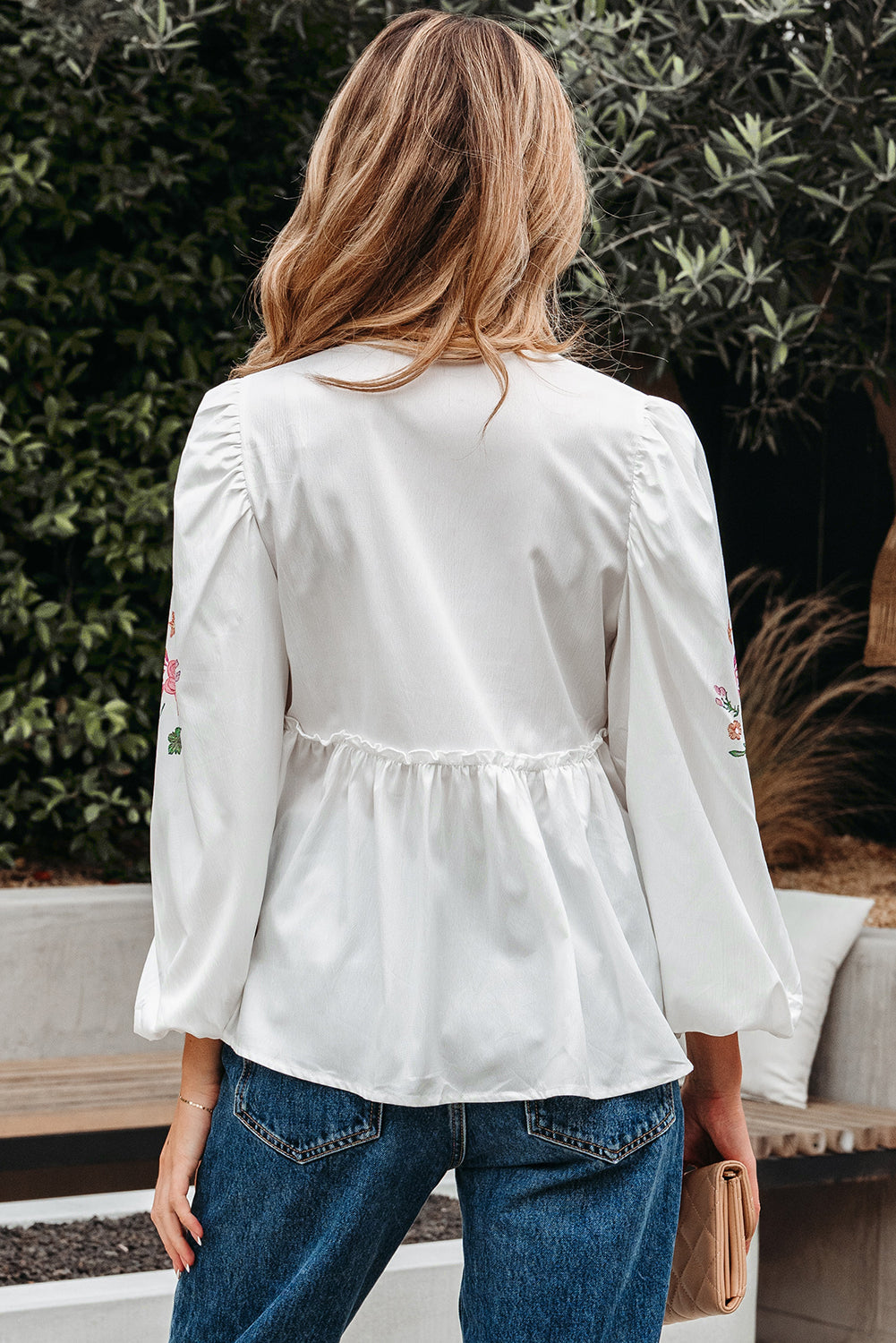 White Flower Lace-Up V Neck Babydoll Blouse-Tops/Blouses & Shirts-[Adult]-[Female]-2022 Online Blue Zone Planet