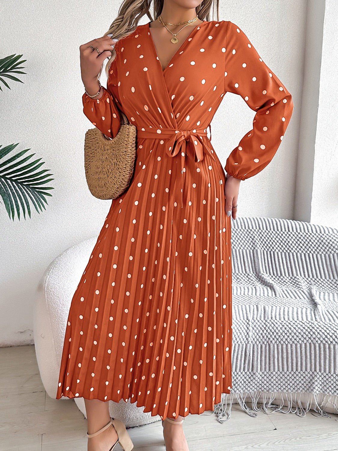 Blue Zone Planet | Tied Polka Dot Long Sleeve Midi Dress-TOPS / DRESSES-[Adult]-[Female]-Ochre-S-2022 Online Blue Zone Planet