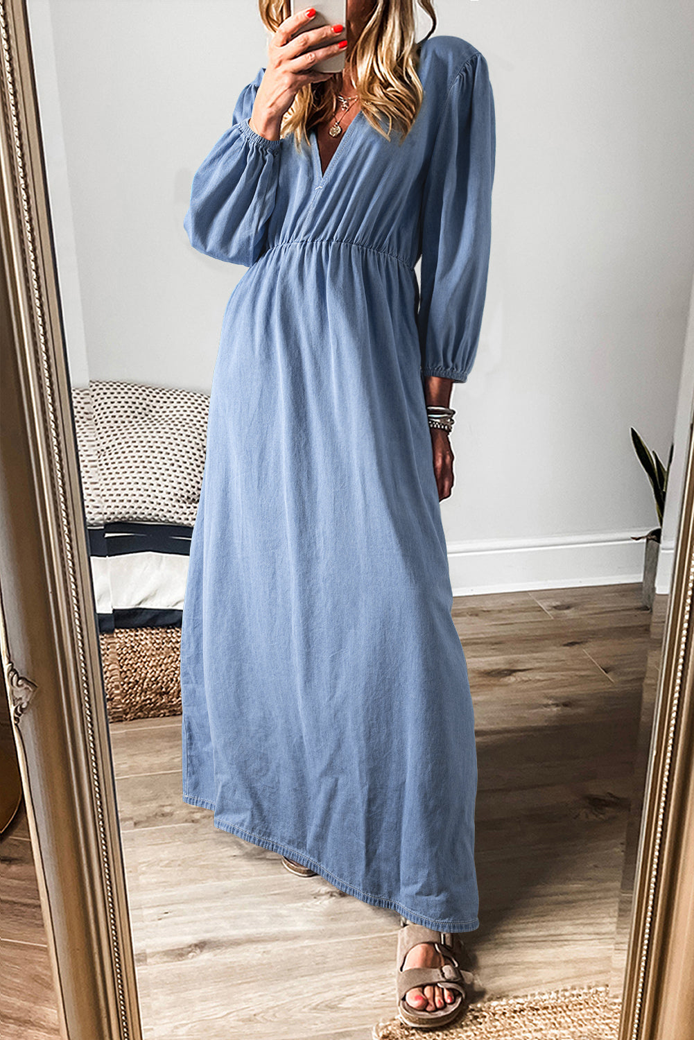 chambray dress maxi Myosotis Chambray Deep V Neck Bracelet Sleeve Maxi Dress