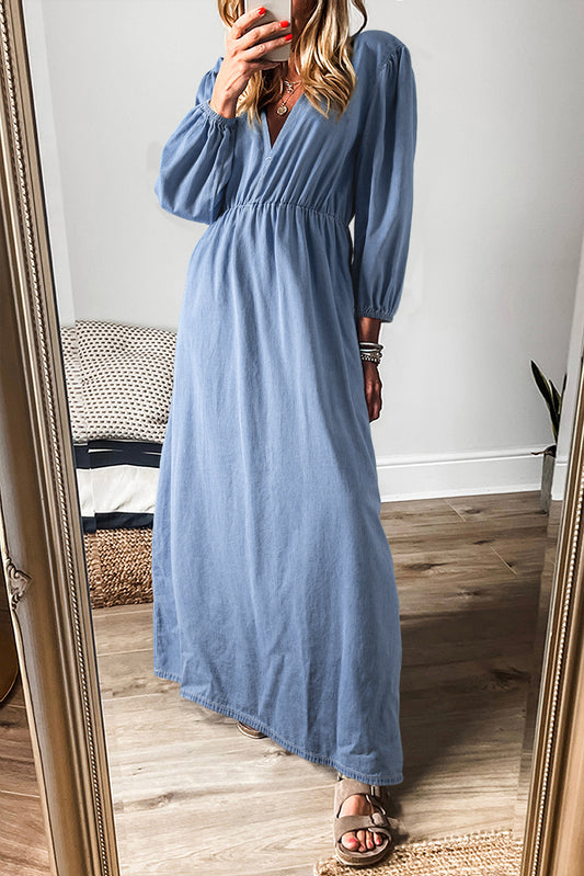 Myosotis Chambray Deep V Neck Bracelet Sleeve Maxi Dress-Dresses/Maxi Dresses-[Adult]-[Female]-Myosotis-S-2022 Online Blue Zone Planet