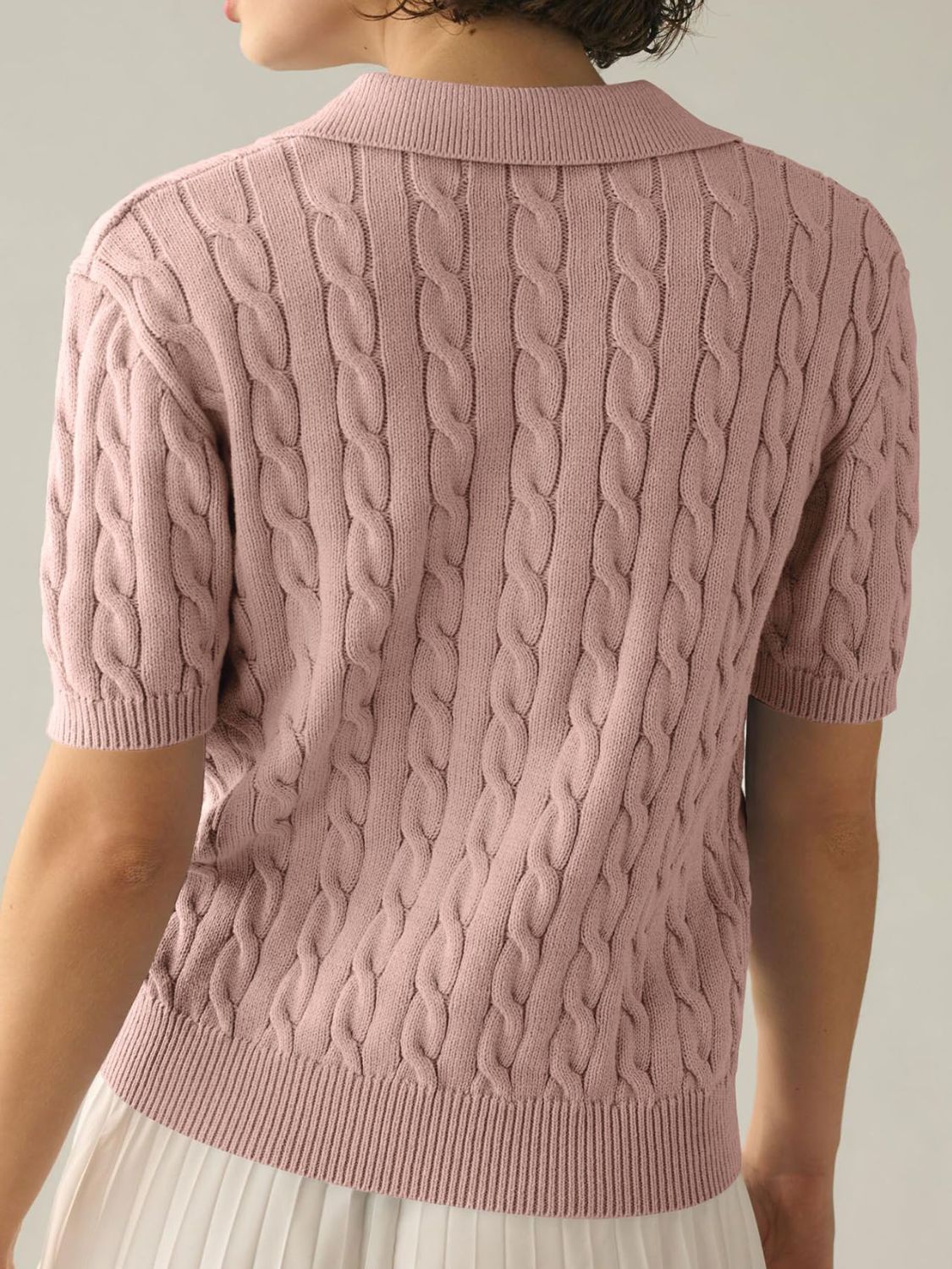 Cable-Knit Collared Neck Half Sleeve Sweater-TOPS / DRESSES-[Adult]-[Female]-2022 Online Blue Zone Planet