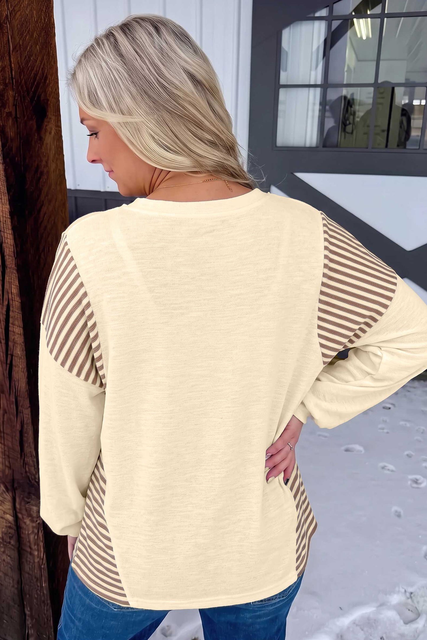 Jet Stream Western Print Striped Detail Long Sleeve Casual Top-Tops/Long Sleeve Tops-[Adult]-[Female]-2022 Online Blue Zone Planet