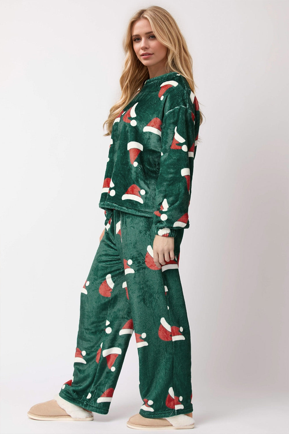 Christmas Hat Pattern Round Neck Long Sleeve Top and Pants Set-TOPS / DRESSES-[Adult]-[Female]-2022 Online Blue Zone Planet