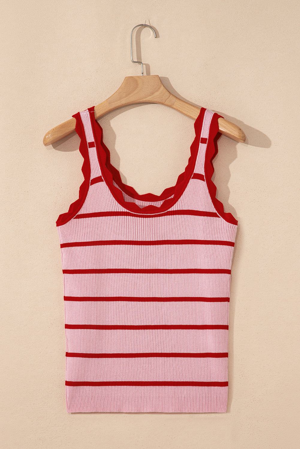 Rose Stripe Striped Scalloped Edge U Neck Sleeveless Sweater Vest-Sweaters & Cardigans/Sweater Vests-[Adult]-[Female]-2022 Online Blue Zone Planet