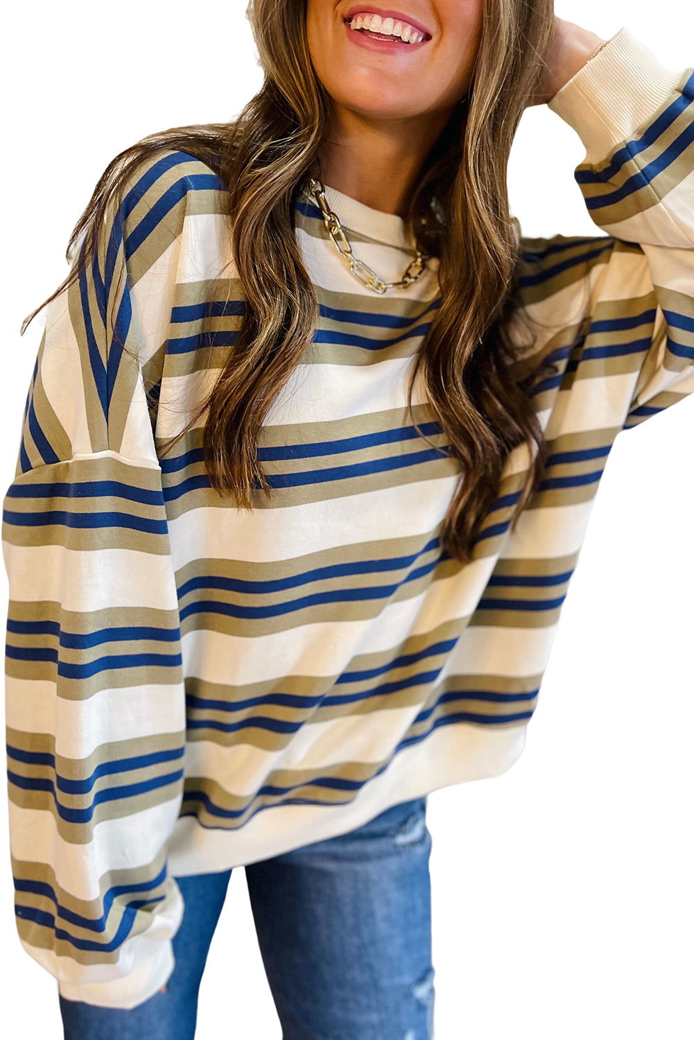 Khaki Stripe Crew Neck Drop Shoulder Pullover Sweatshirt-Tops/Sweatshirts & Hoodies-[Adult]-[Female]-2022 Online Blue Zone Planet