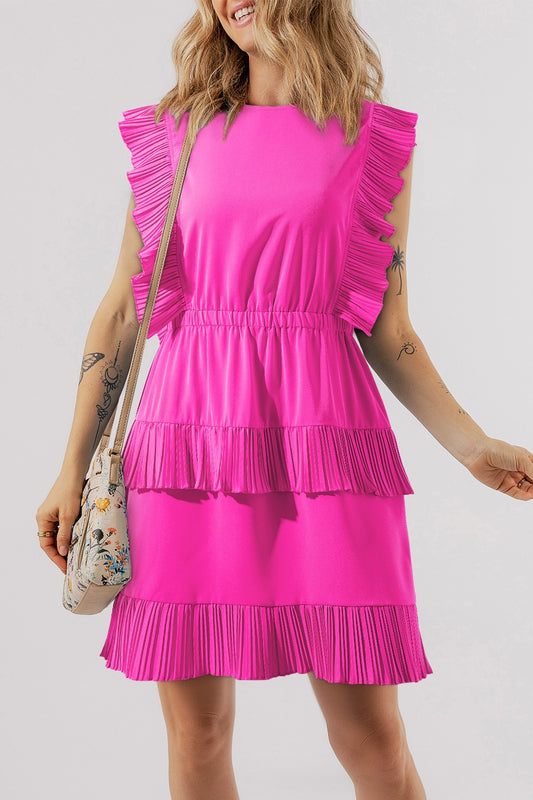 Ruched Round Neck Cap Sleeve Mini Dress-TOPS / DRESSES-[Adult]-[Female]-Fuchsia Pink-S-2022 Online Blue Zone Planet