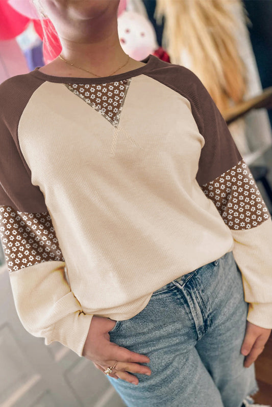 Brown Floral Print Patchwork Color Block Long Sleeve Top-Tops/Long Sleeve Tops-[Adult]-[Female]-Brown-S-2022 Online Blue Zone Planet