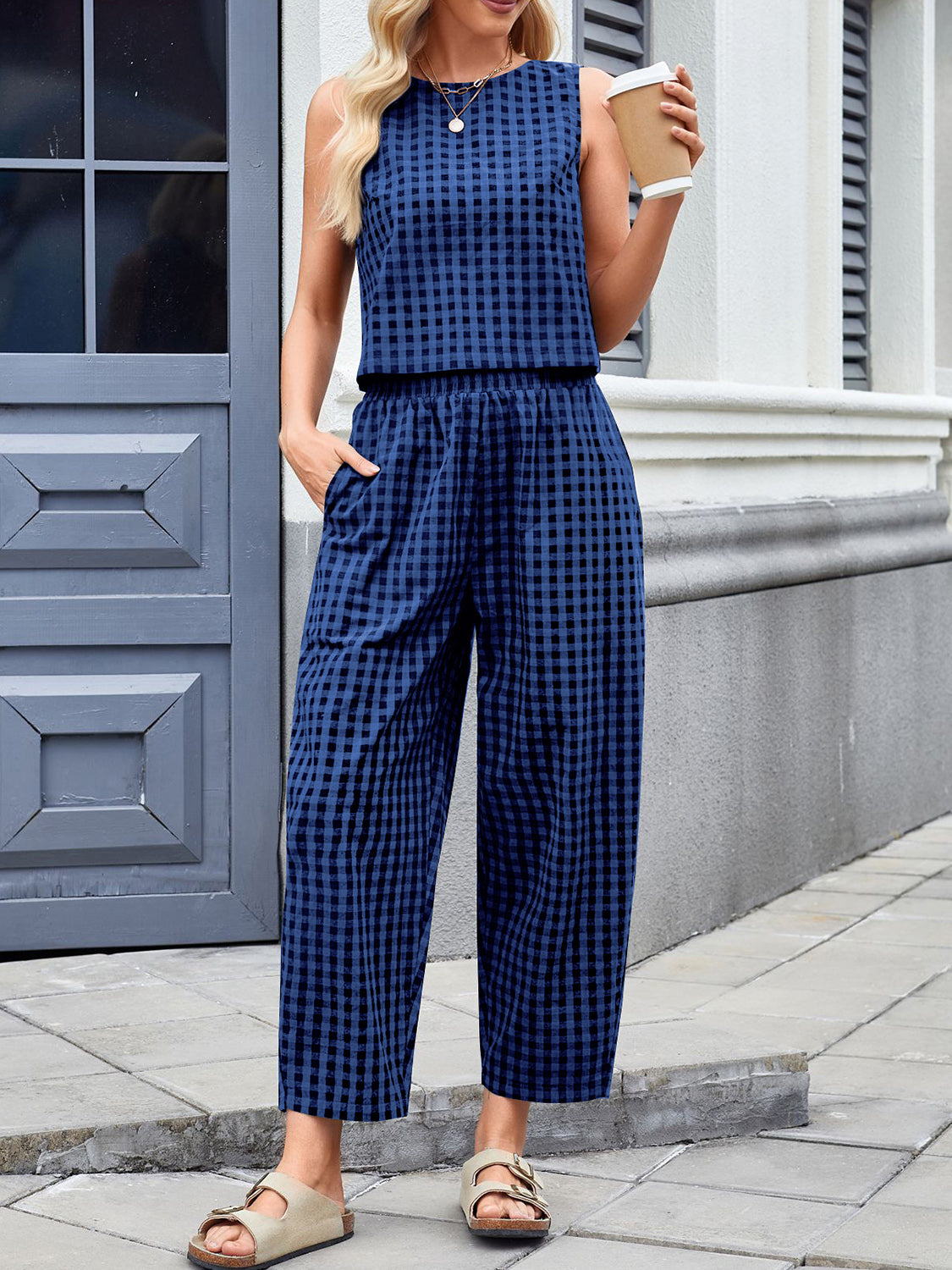 Blue Zone Planet | Lovelet Plaid Round Neck Sleeveless Top and Pants Set-BOTTOMS SIZES SMALL MEDIUM LARGE-[Adult]-[Female]-2022 Online Blue Zone Planet