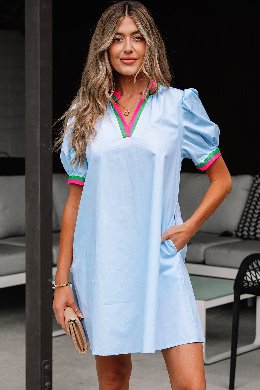 Myosotis Contrast Striped Notched V Neck Puff Sleeve Mini Dress-TOPS / DRESSES-[Adult]-[Female]-2022 Online Blue Zone Planet