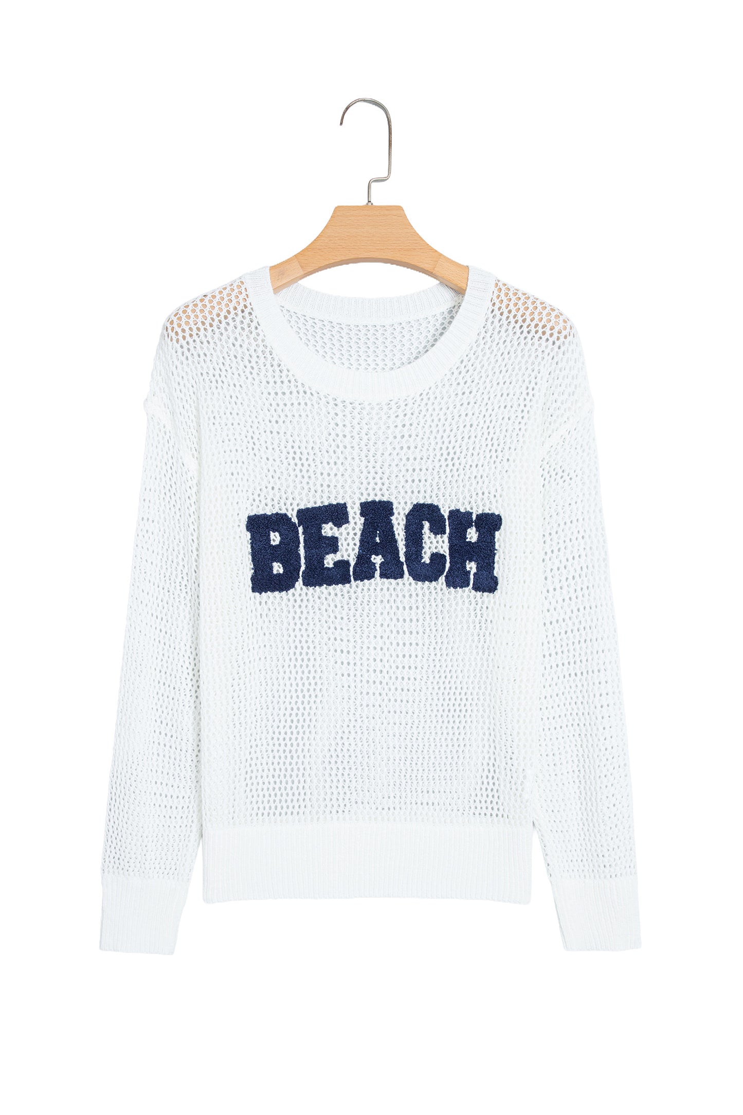 White Chenille BEACH Lettering Hollow Out Knit Casual Sweater-Sweaters & Cardigans/Sweaters-[Adult]-[Female]-2022 Online Blue Zone Planet