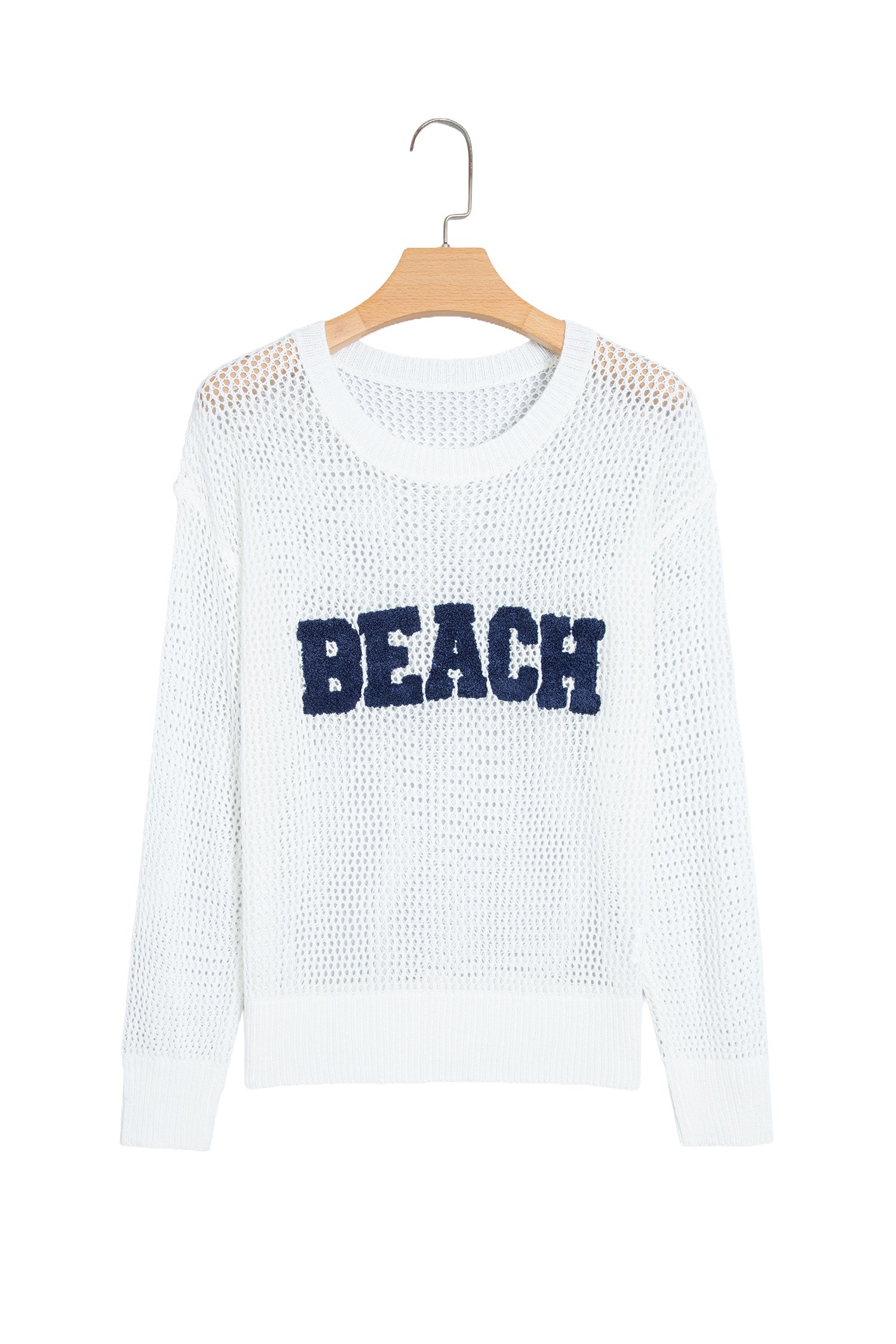 White Chenille BEACH Lettering Hollow Out Knit Casual Sweater-Sweaters & Cardigans/Sweaters-[Adult]-[Female]-2022 Online Blue Zone Planet
