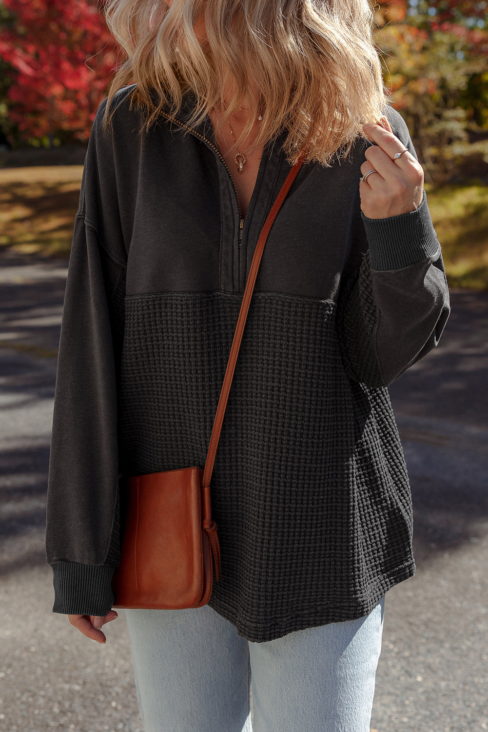 Carbon Grey Waffle Knit Patchwork Half Zipped Casual Sweatshirt-Tops/Sweatshirts & Hoodies-[Adult]-[Female]-2022 Online Blue Zone Planet