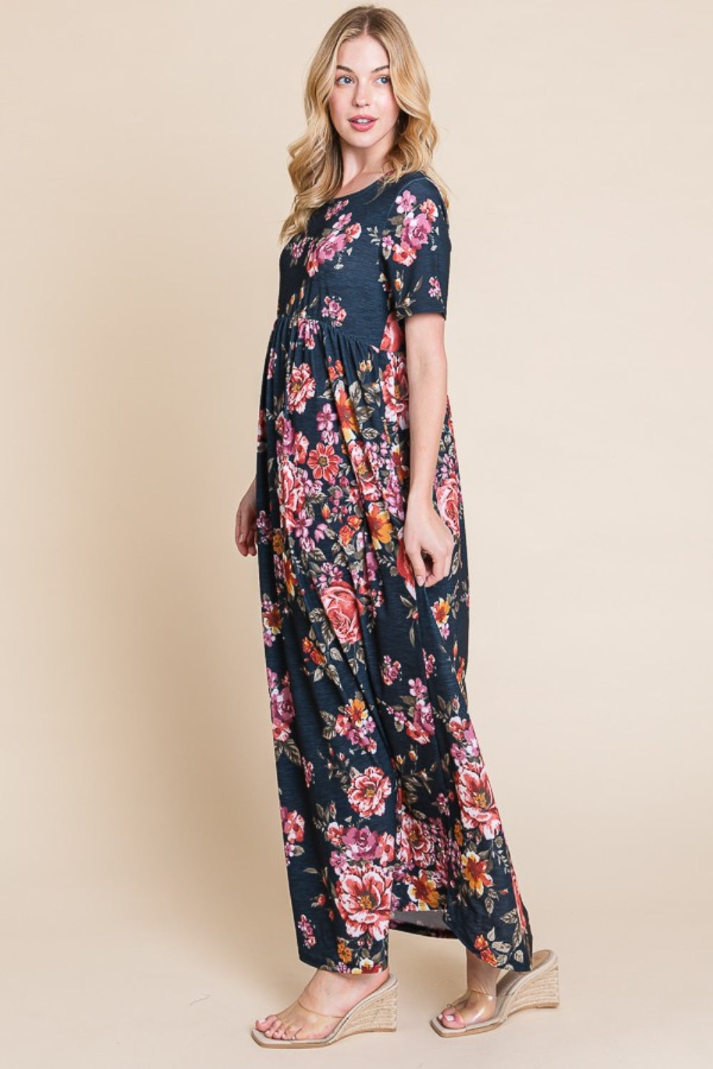 Blue Zone Planet | BOMBOM Floral Short Sleeve Maxi Dress-TOPS / DRESSES-[Adult]-[Female]-2022 Online Blue Zone Planet