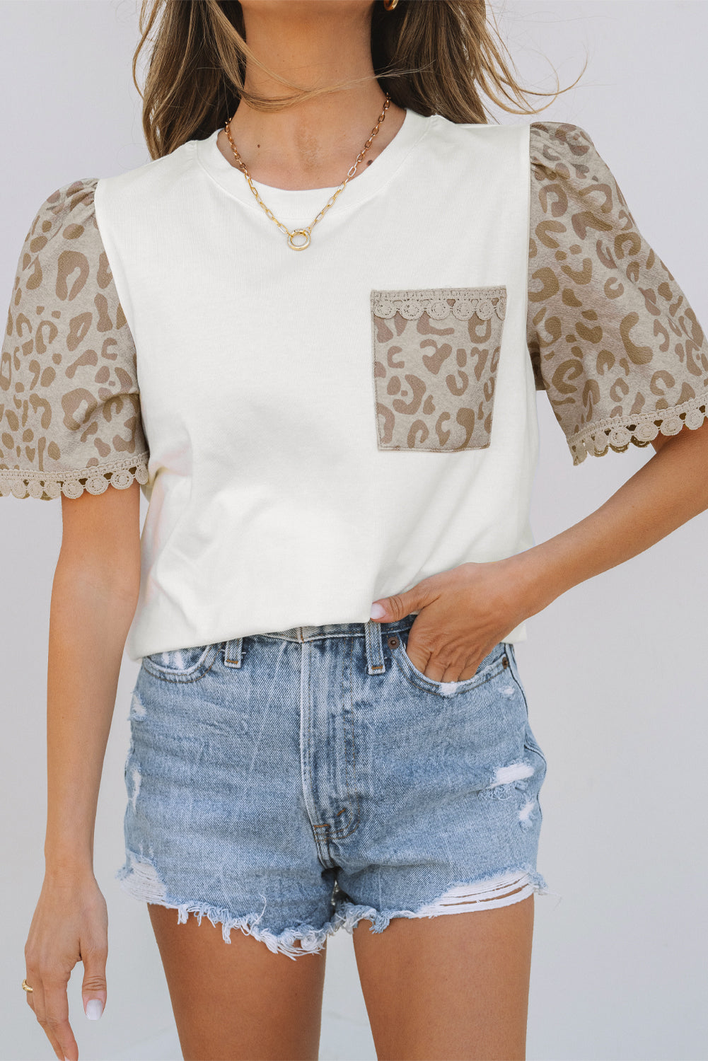 White Leopard Patchwork Crochet Lace Trim Puff Sleeve T Shirt-Tops/Tops & Tees-[Adult]-[Female]-2022 Online Blue Zone Planet