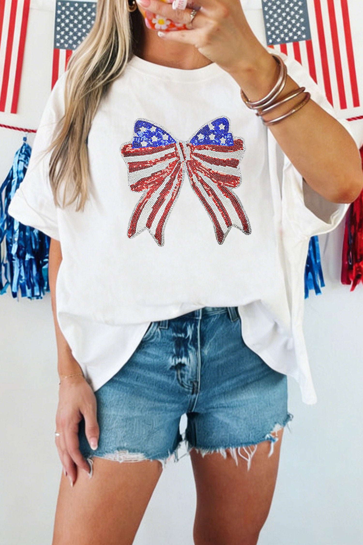 White Patriotic Sequin Bow Graphic Oversized Tee-Graphic/Graphic Tees-[Adult]-[Female]-White-S-2022 Online Blue Zone Planet