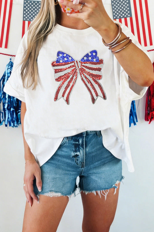 White Patriotic Sequin Bow Graphic Oversized Tee-Graphic/Graphic Tees-[Adult]-[Female]-White-S-2022 Online Blue Zone Planet